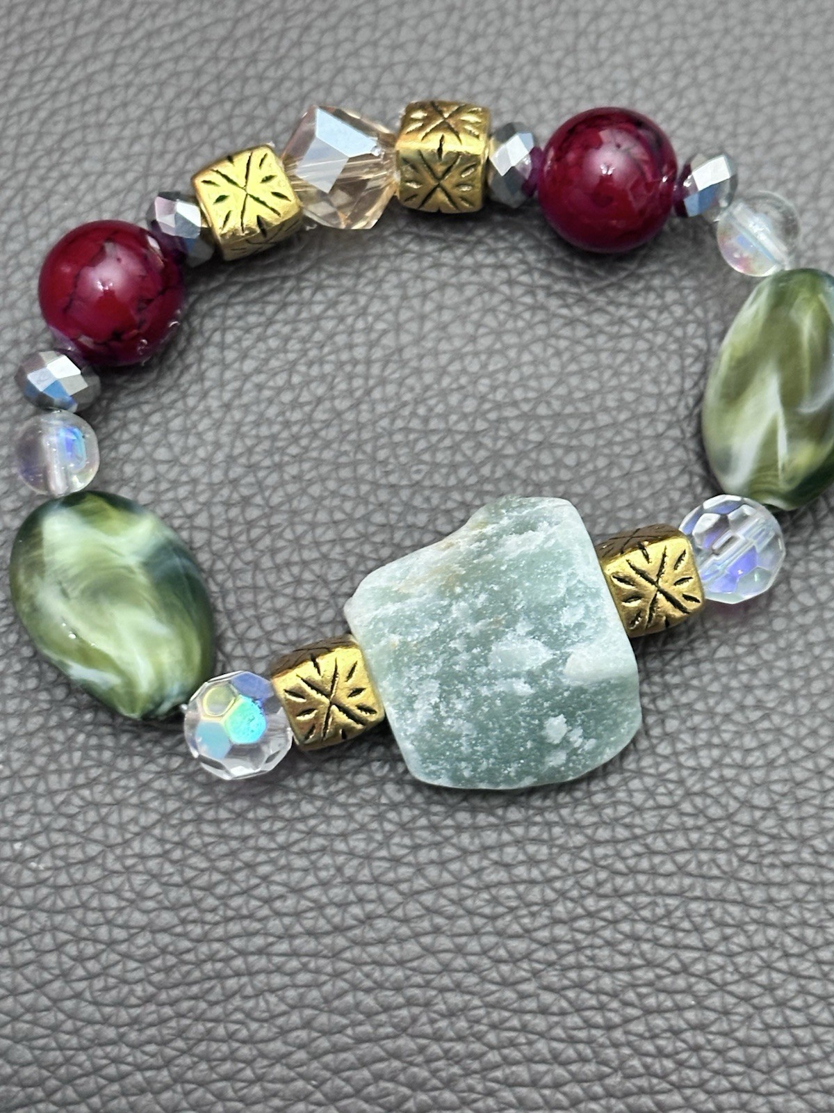 Handmade Beaded Bracelet Natural Aventurine Crystal And Metal Stretch Artisan 7