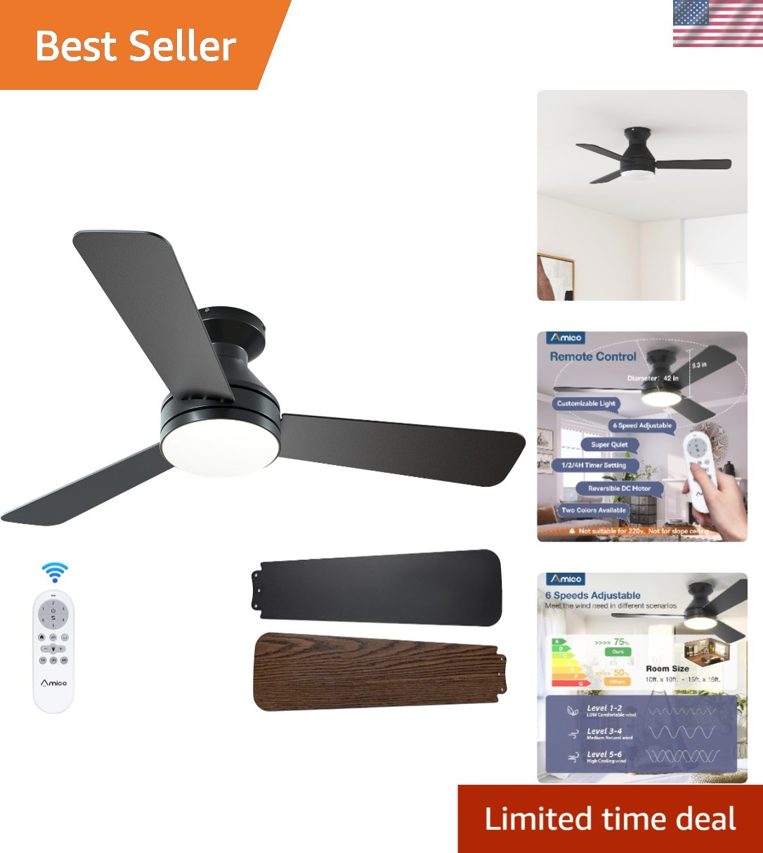 Quiet 42-Inch Reversible Ceiling Fan with LED Light & Remote - Dimmable Design