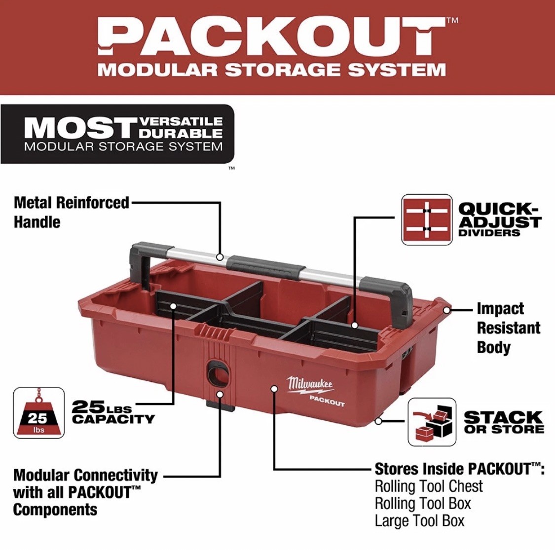 Milwaukee 48-22-8045 PACKOUT Tool Storage Tray, 6 Compartments, 25lb Capacity