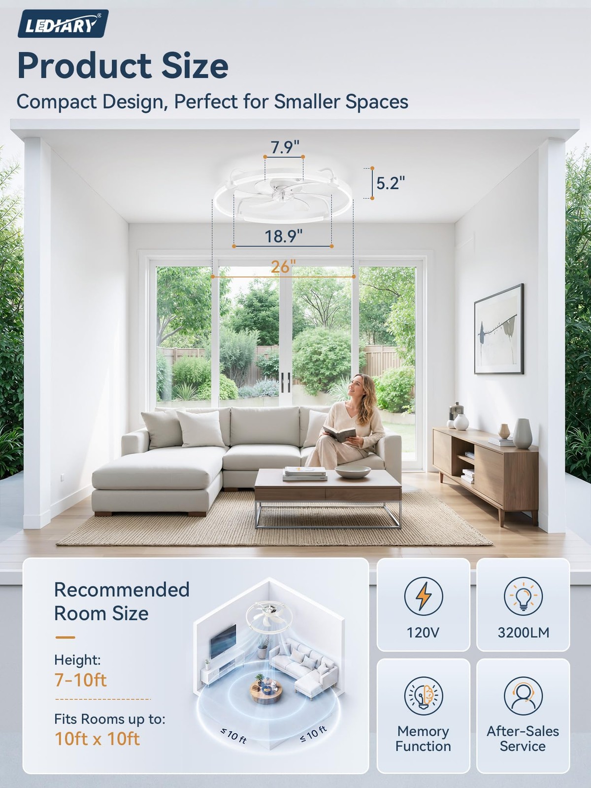 LEDIARY 26 Inch White Ceiling Fan Light Remote App
