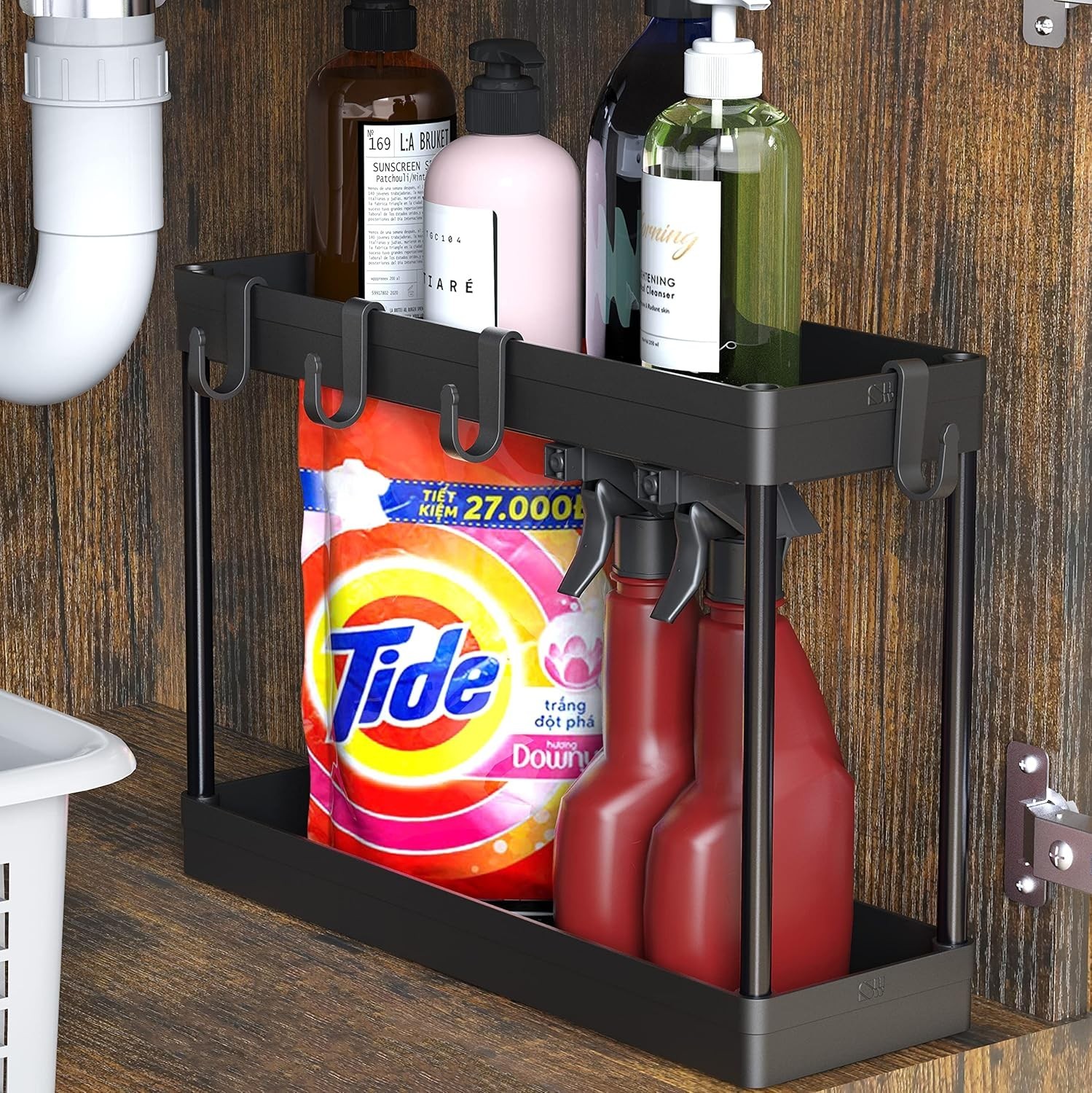 2-Tier Under Sink Organizer Storage Tray with Hooks Black