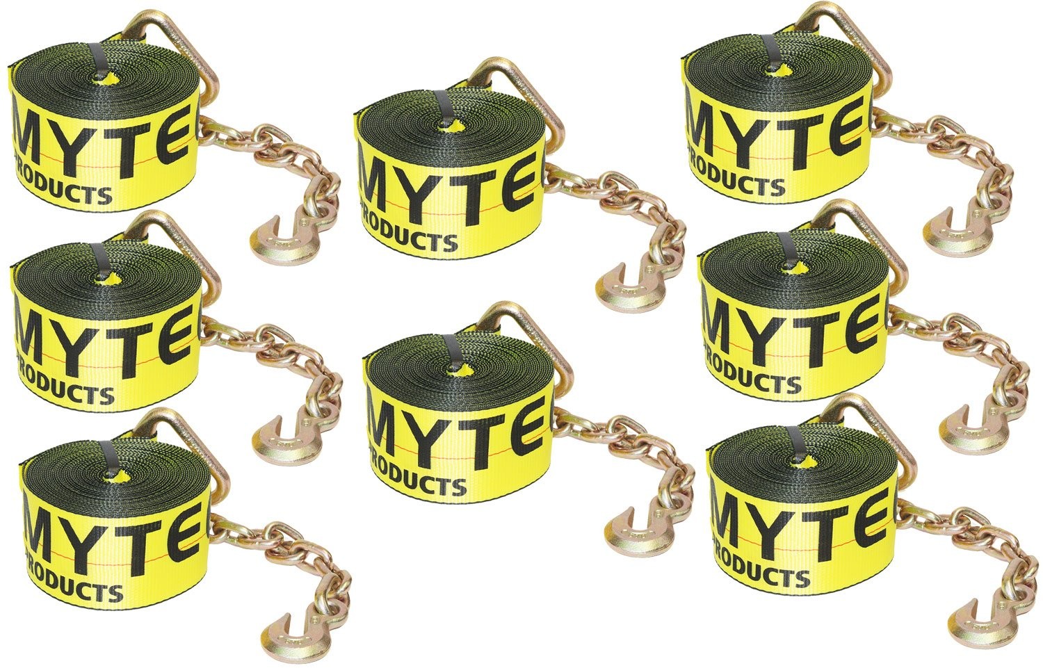 (8 Pack) 3"X30' Winch Straps w/chain, WLL 5000  Flatbed Tie Down Strap