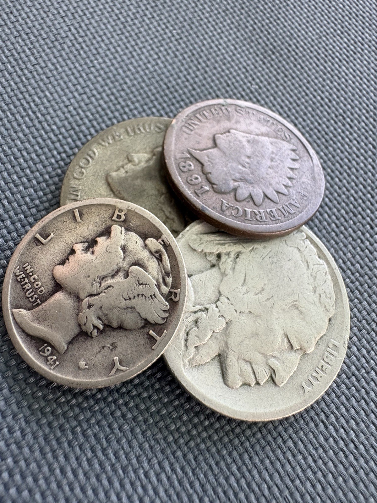 Collector Lot Of 4, 1 Silver War Nickel, 1 Mercury Dime, 1 Buffalo, Indian Head