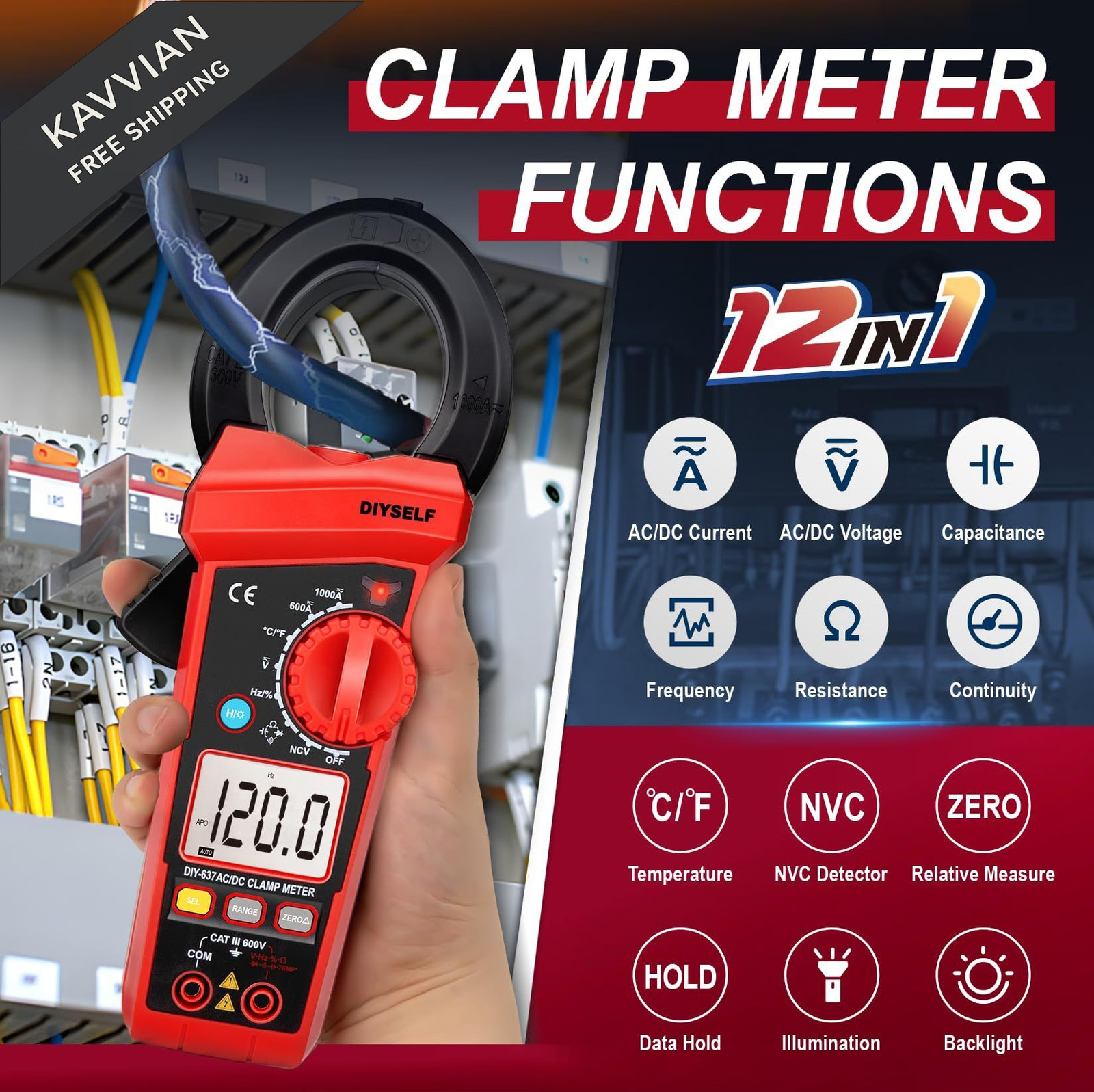 DIYSELF 6000 Counts Digital Clamp Meter, True RMS AC/DC Voltage Compact, Red