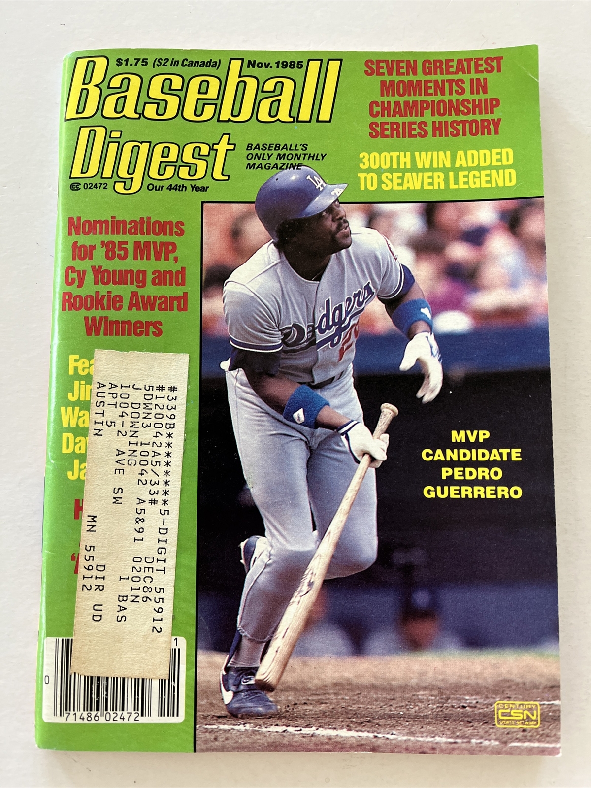 Baseball Digest Magazine November 1985 Los Angeles Dodgers, Pedro Guerrero (B6)