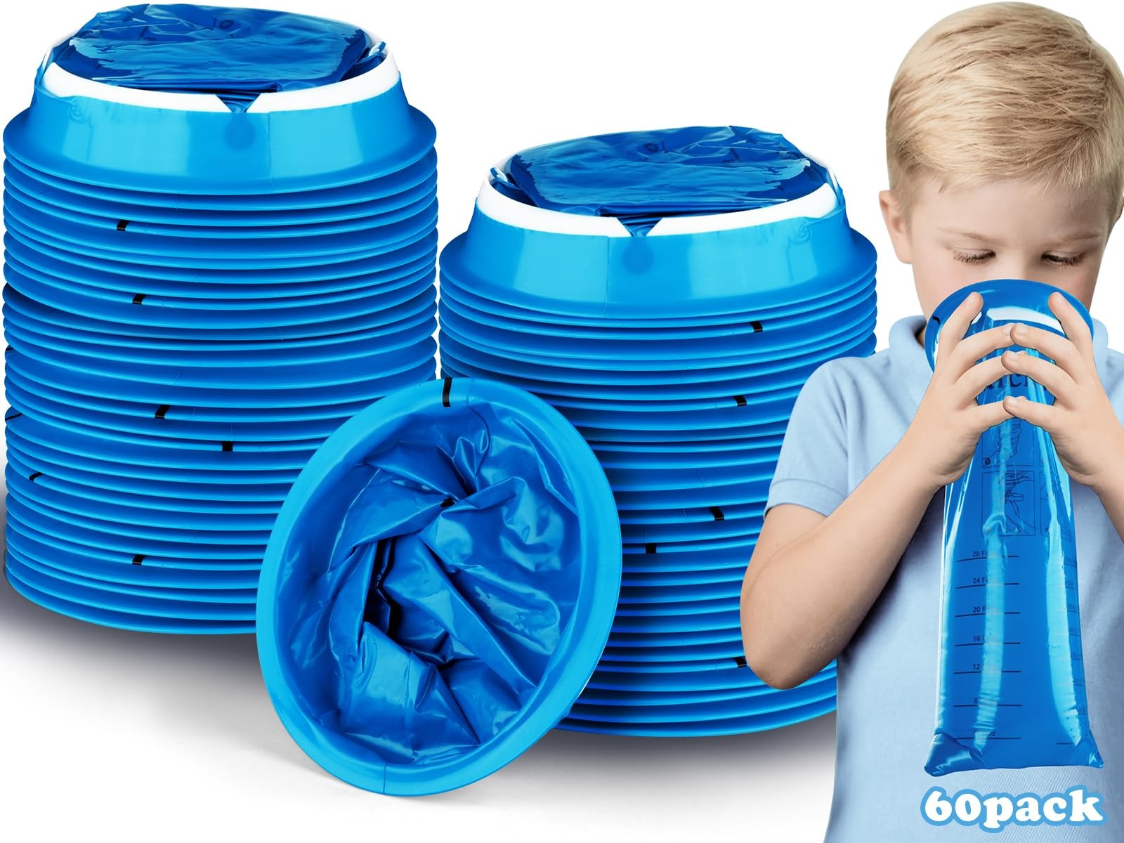 60 Pack Kids Barf Bags, Children Emesis Bags Disposable 800ml, LeakProof, Puk...