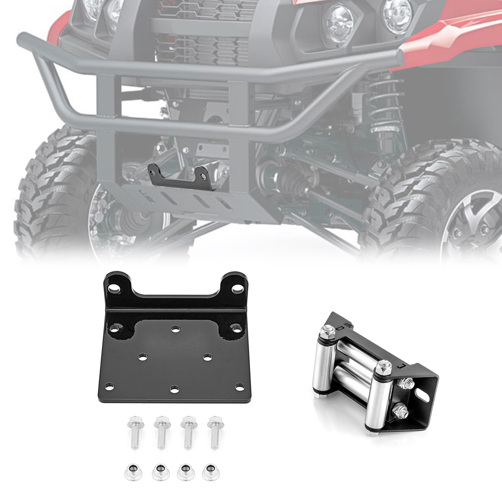 Bumper Winch Mount Plate+4 7/8" Roller Fairlead For Kawasaki Mule PROMX KAF700