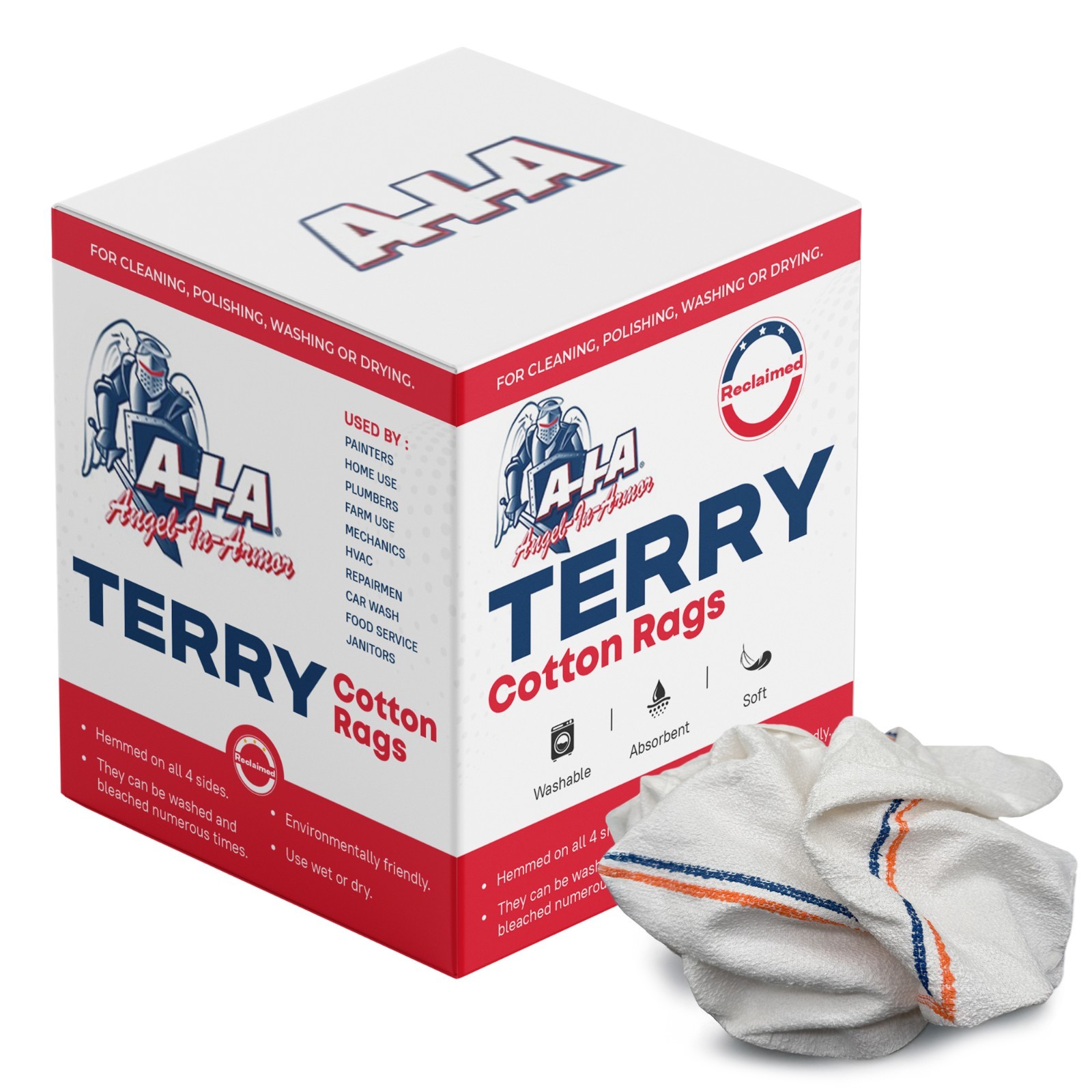WHITE TERRY CLOTH CLEANING RAGS 15”x18”, REUSABLE / HIGHLY ABSORBENT 100% COTTON
