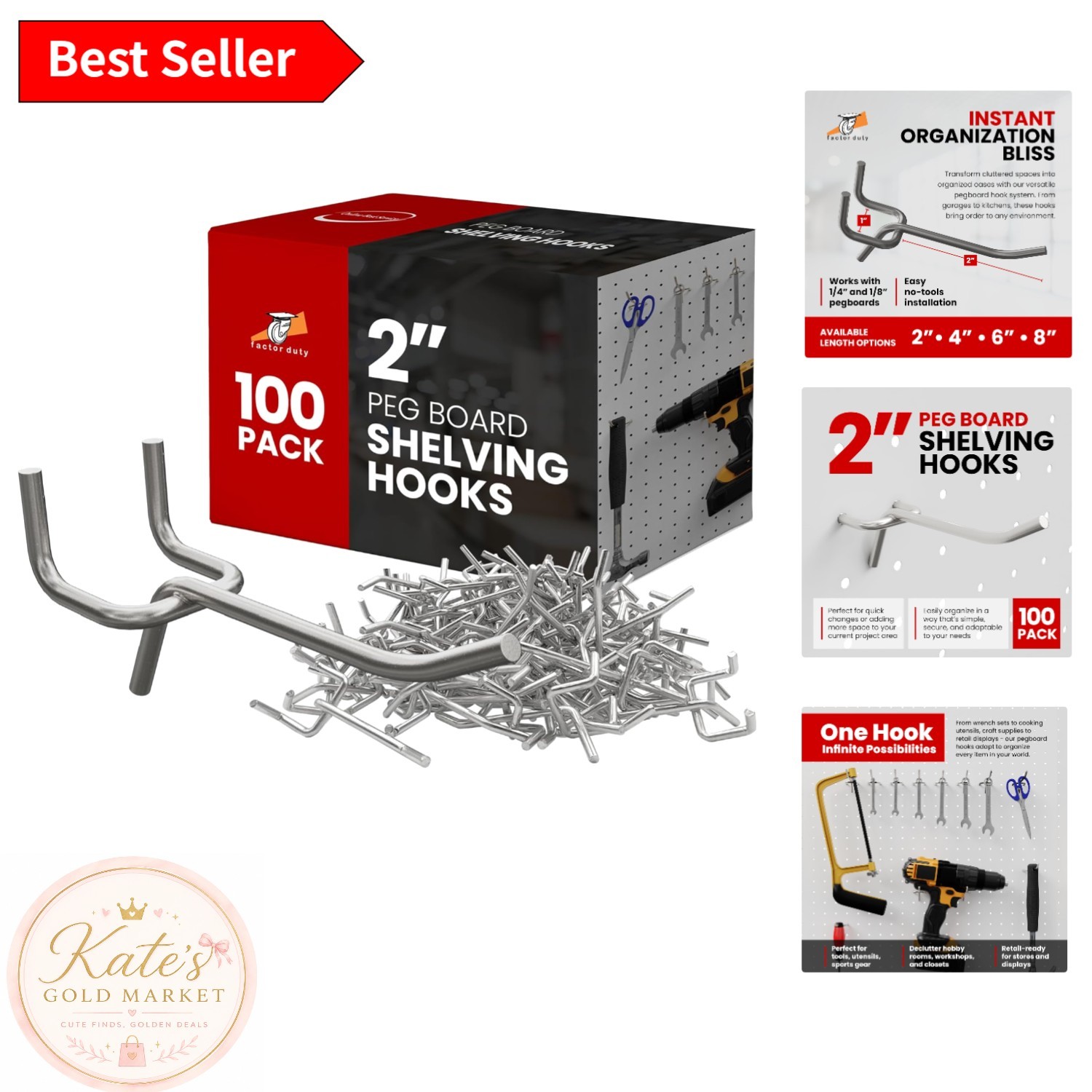 100 Pack of 2-Inch Rust Resistant Pegboard Hooks - Ideal for Tool Storage
