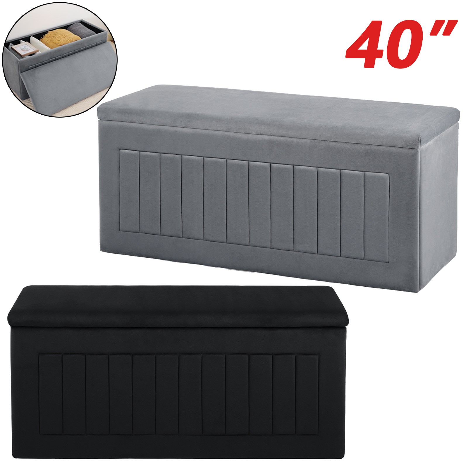 40" Storage Bench End of Bed Velvet Ottoman Upholstered Storage Seat For Bedroom