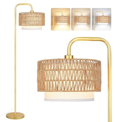 Gold Floor Lamp for Living Room, Farmhouse Tall Lamp Dual-layer shade gold