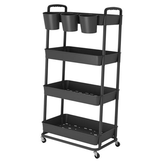 Plastic Rolling Storage Cart Utility Cart with Extra Hanging Cups 4-Tier Black