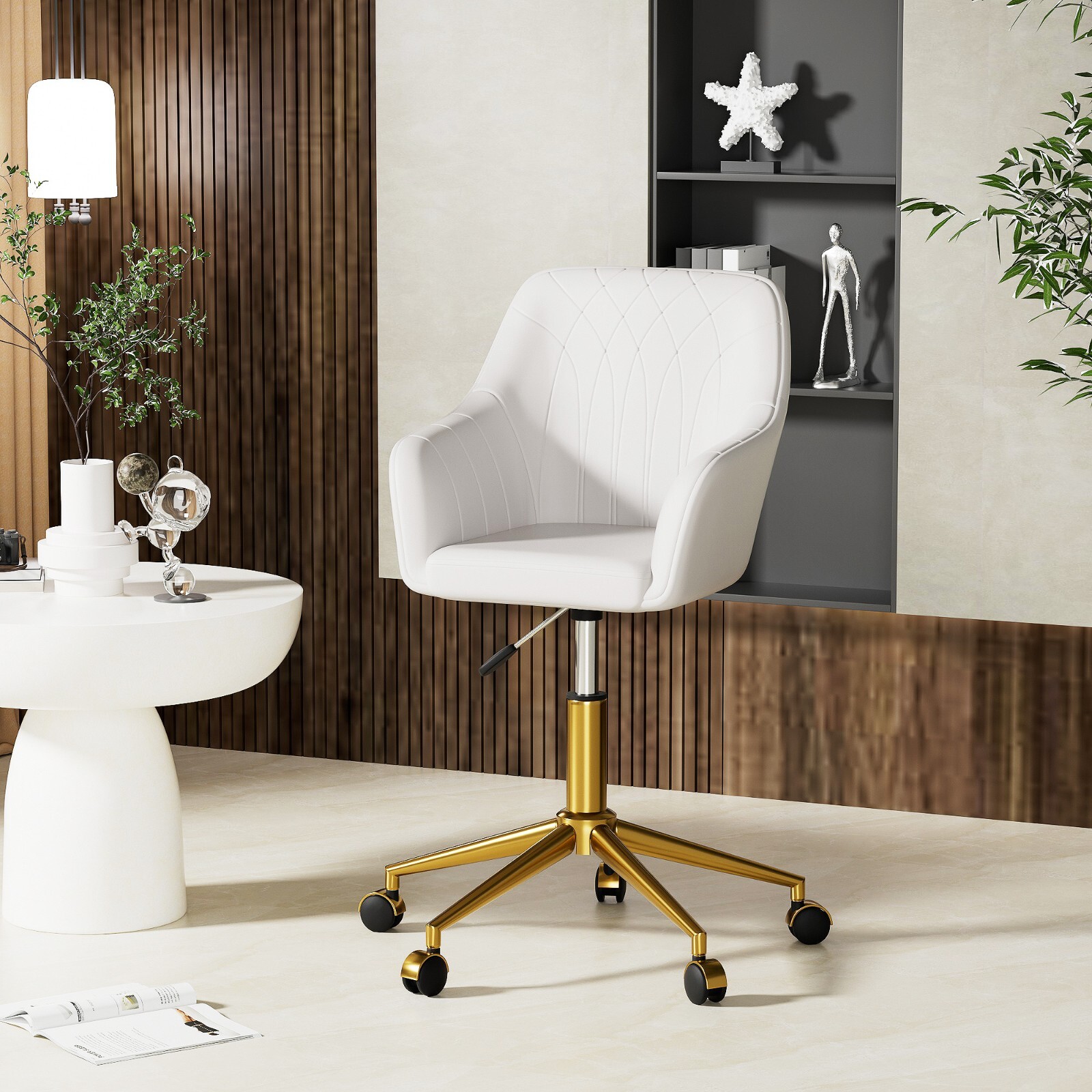 PU Leather Home Office Chair Height Adjustable Stools with Gold Metal Base White