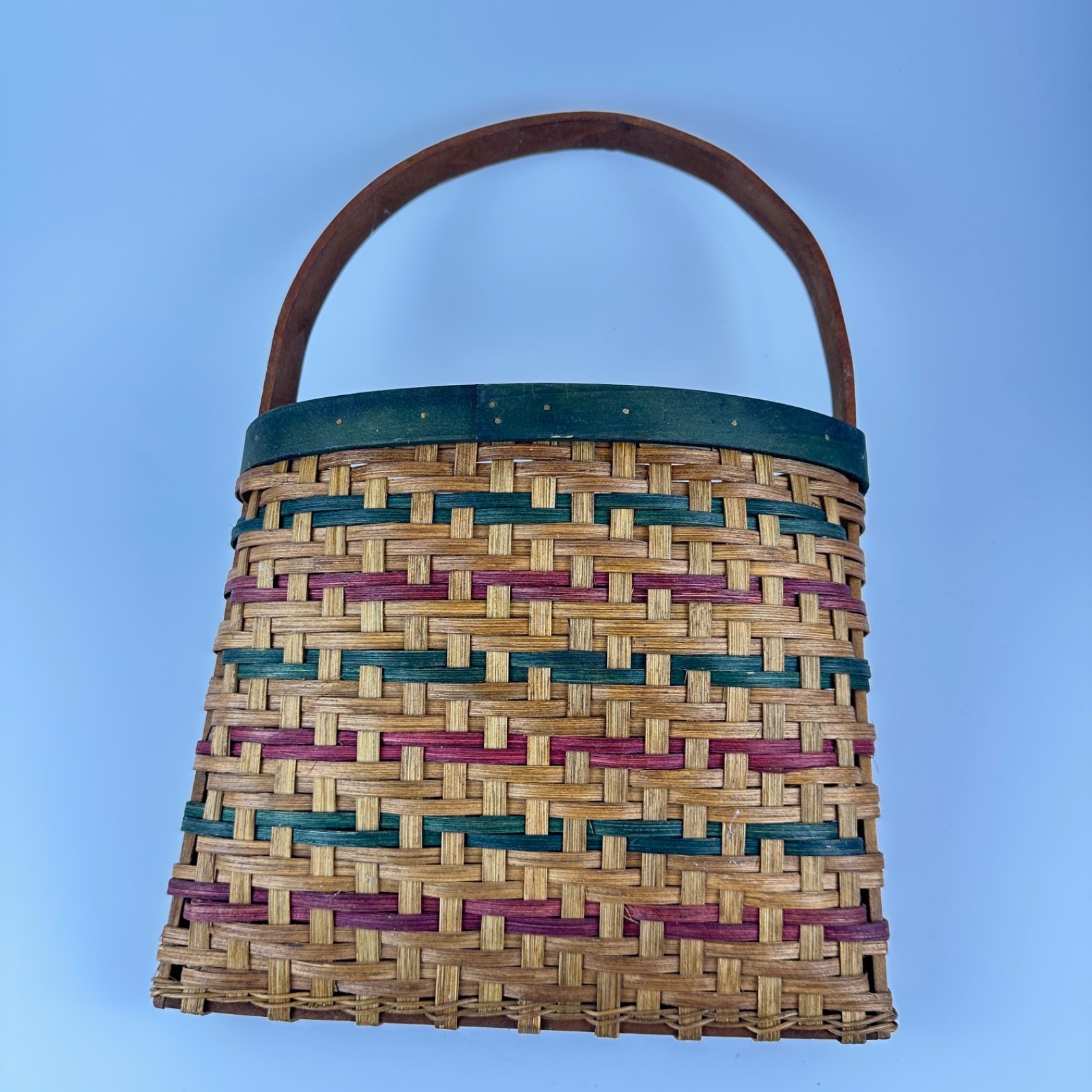 Woven Wall Basket with Handle – Narrow Multicolor Rustic Farmhouse Hanging Decor