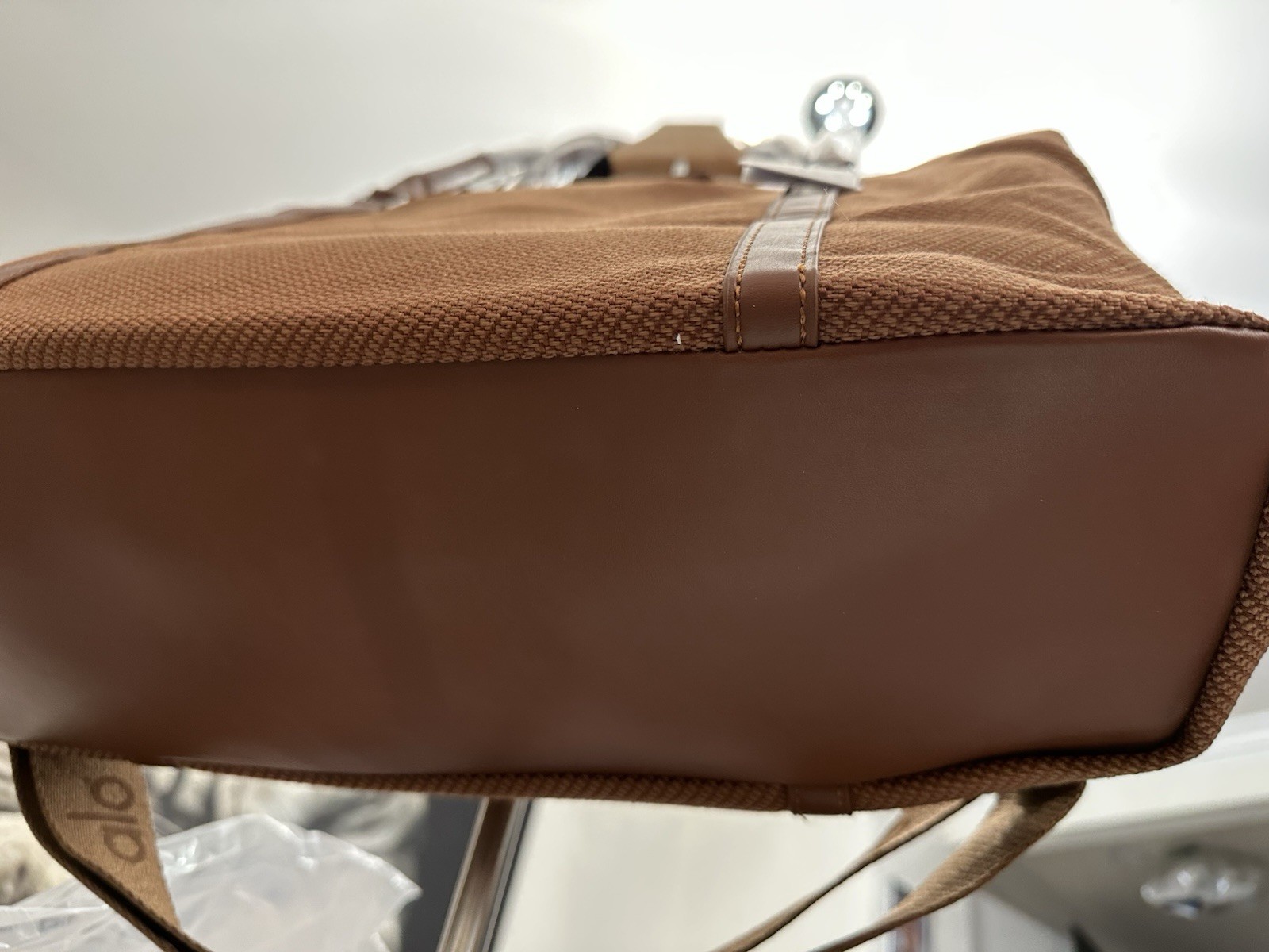 alo Brown Grip tote bag zip Button Closure Adjustable Strap Logo