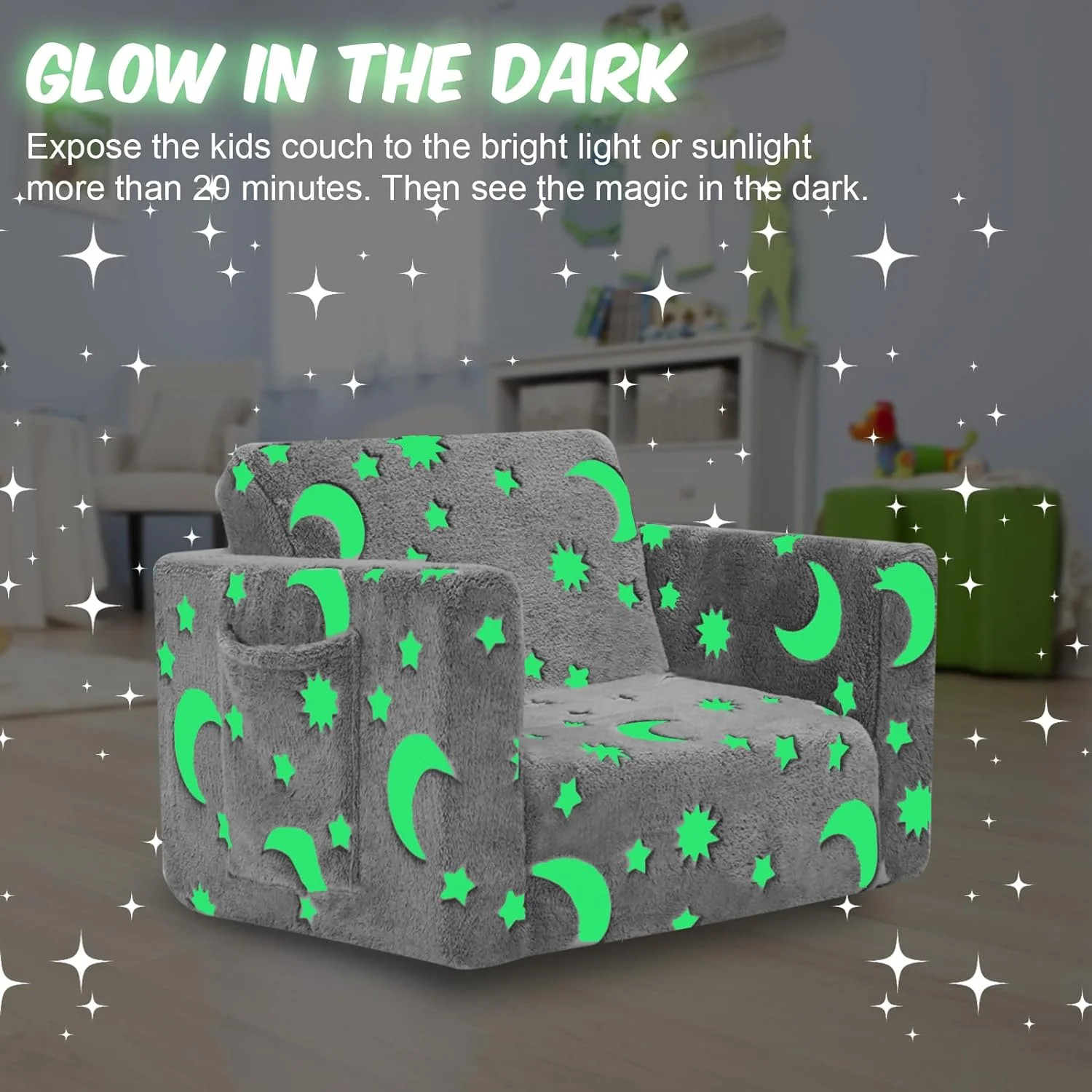 2-in-1 Toddler Couch and Chair, Glow in the Dark Kids Sofa - Gray Sky