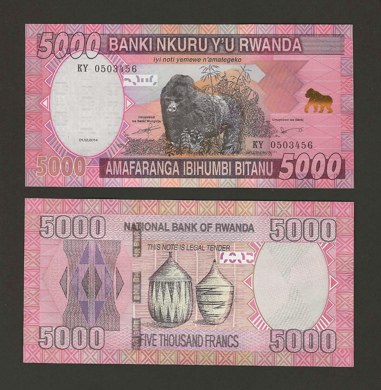 RWANDA 5000 Francs 2014, P-41, Original UNC Grade, Pretty Note, Gorilla