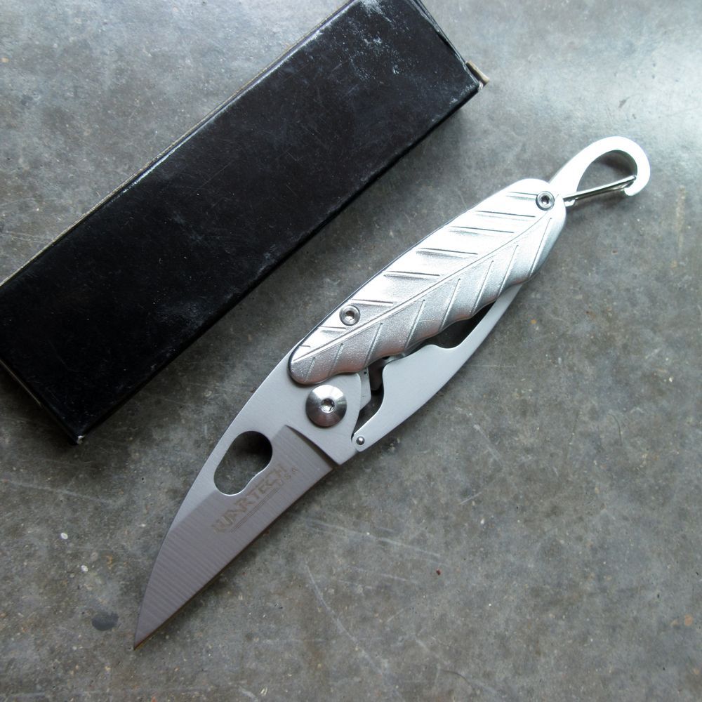 NEW Pocket Knife Folding Mini 2" Silver Stainless Steel Blade Leaf Carabiner EDC