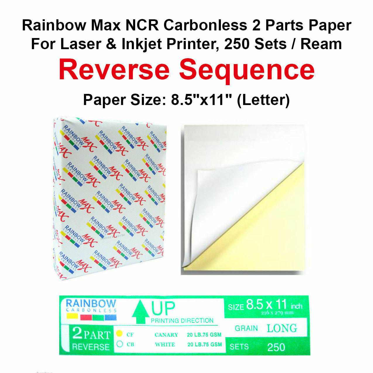 250 Sets/Ream Rainbow NCR Carbonless 2 Parts Paper for Laser & Inkjet Printer