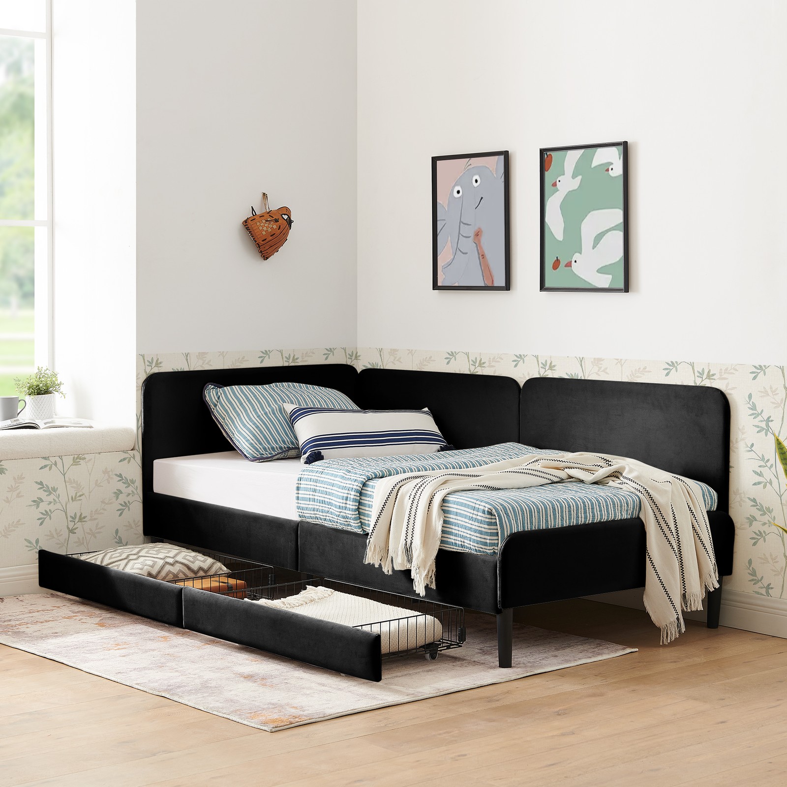 Twin Size Upholstered Platform Bed Frame with 2 Storage Drawers, Adjustable Vel
