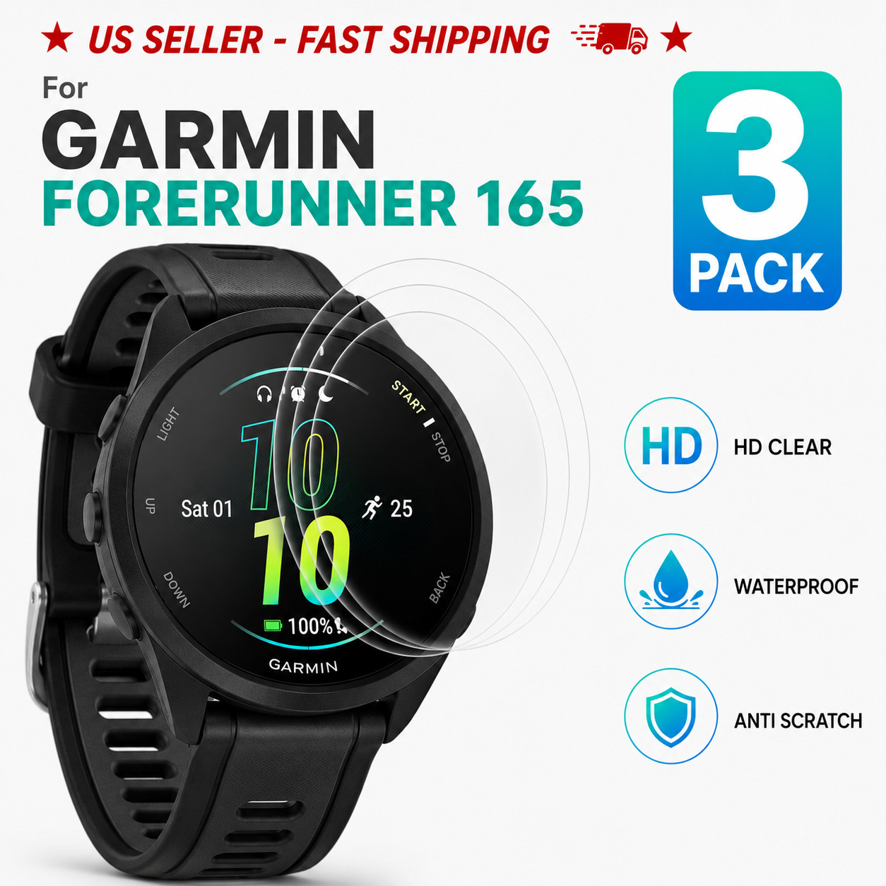 Garmin Forerunner 165 Screen Protector Hydrogel 3 Pack HD Clear Self Healing
