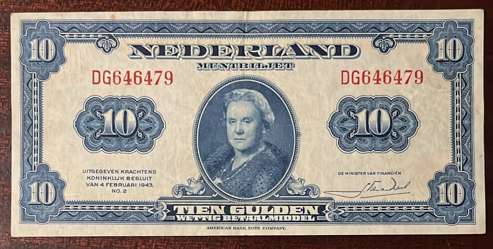 Nederland Ref U077 : 10 Nederland Gulden Banknote