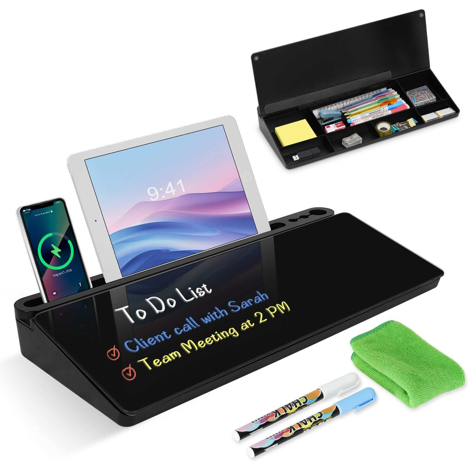 Desktop Glass Whiteboard with Storage, Desk Board with Computer Keyboard Stan...