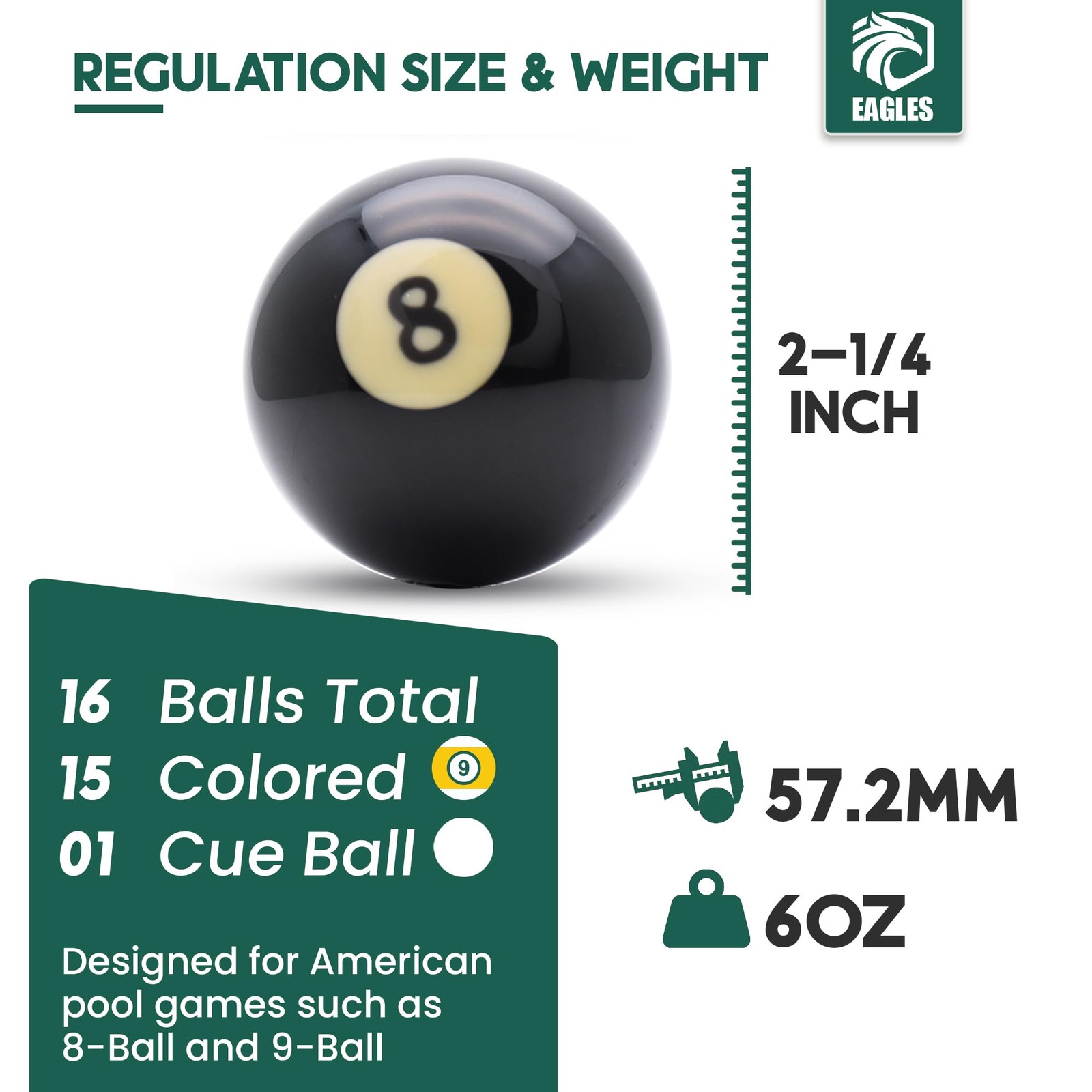 EAGLES Professional Billiard Ball Set – 2-1/4" 16 Balls, Multicolor
