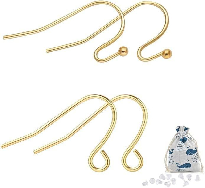 14K Gold Earring Hooks Real Hypoallergenic 100Pcs Ball Dot Ear Wires + Fish Hook