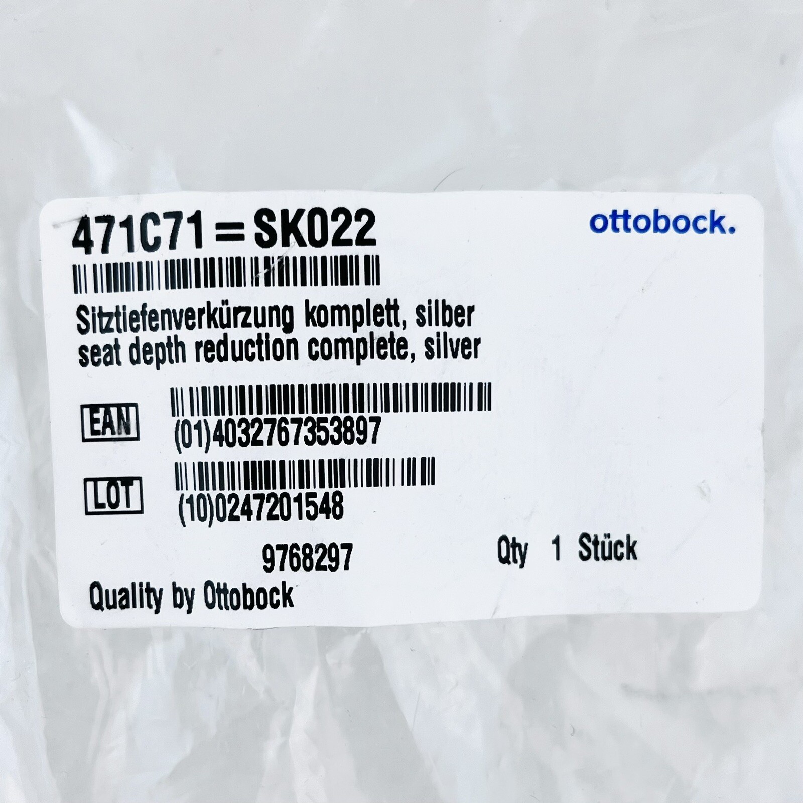 Seat Depth Reduction Set Plates and Hardware Silver for Ottobock