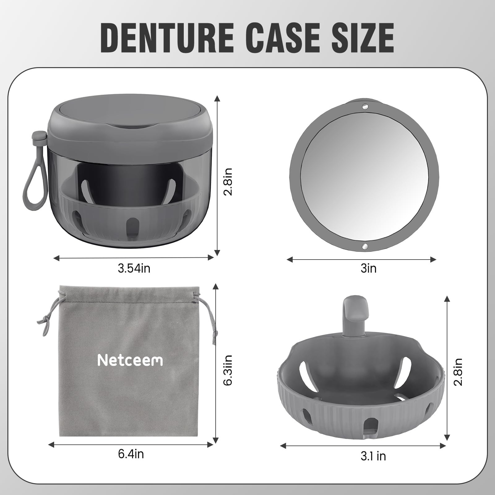 Denture Bath Box Cup, Leak Proof Cup Kit Portable Large, Black
