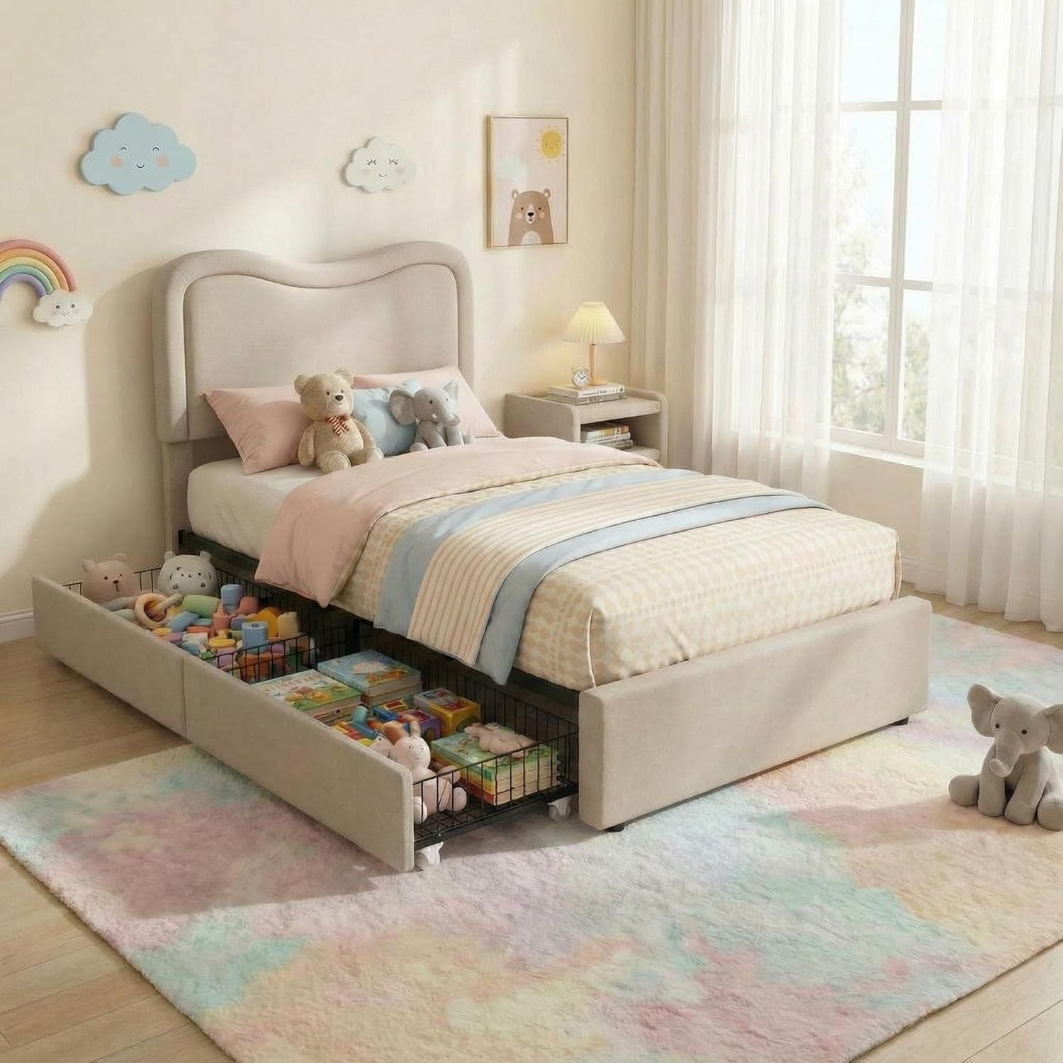 Twin Bed Frame, Upholstered Platform Bed with 2 Storage Drawers & LED Headboard