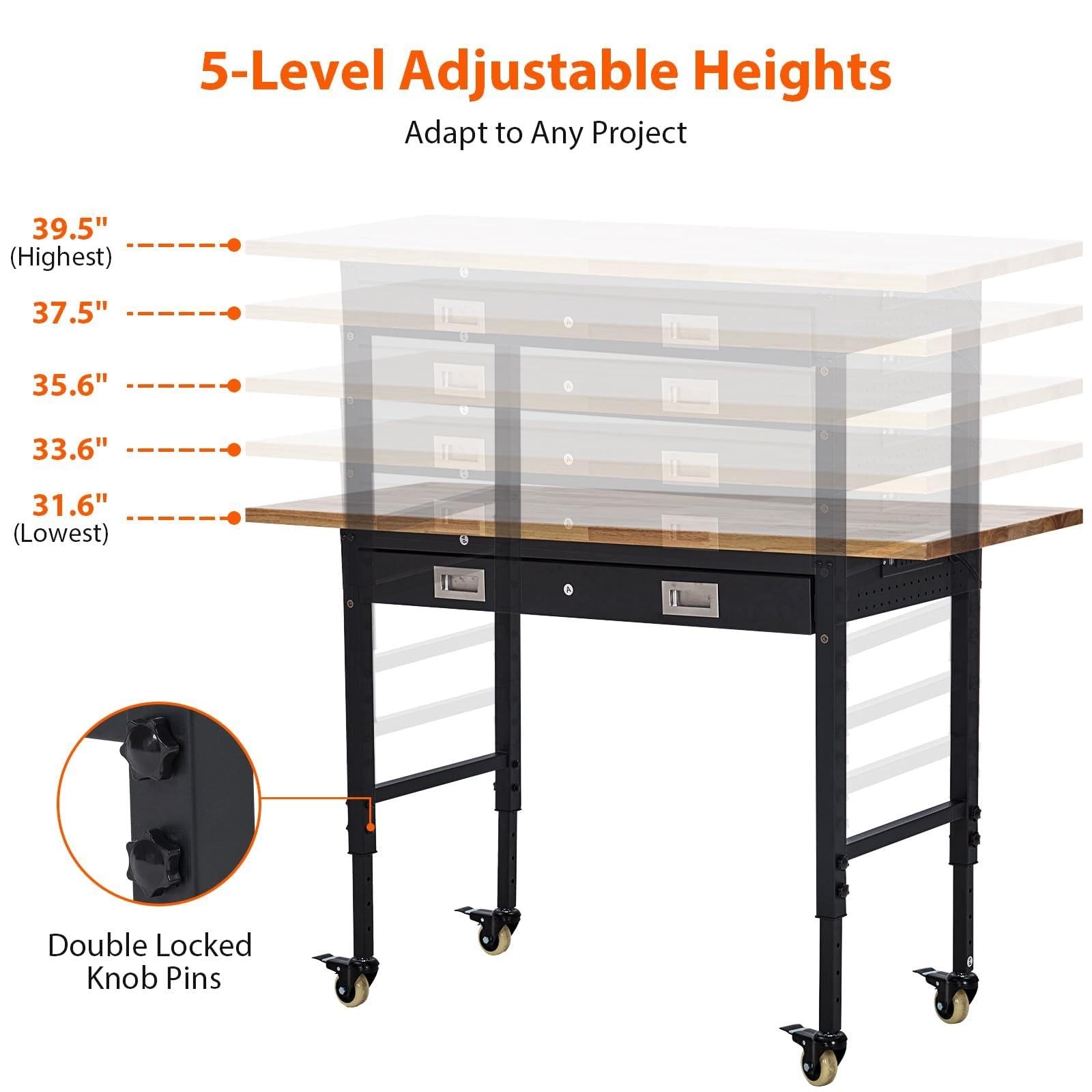 60" Adjustable Workbench ,Rubber Wood Work Table Garage w/Power Outlet & Wheels