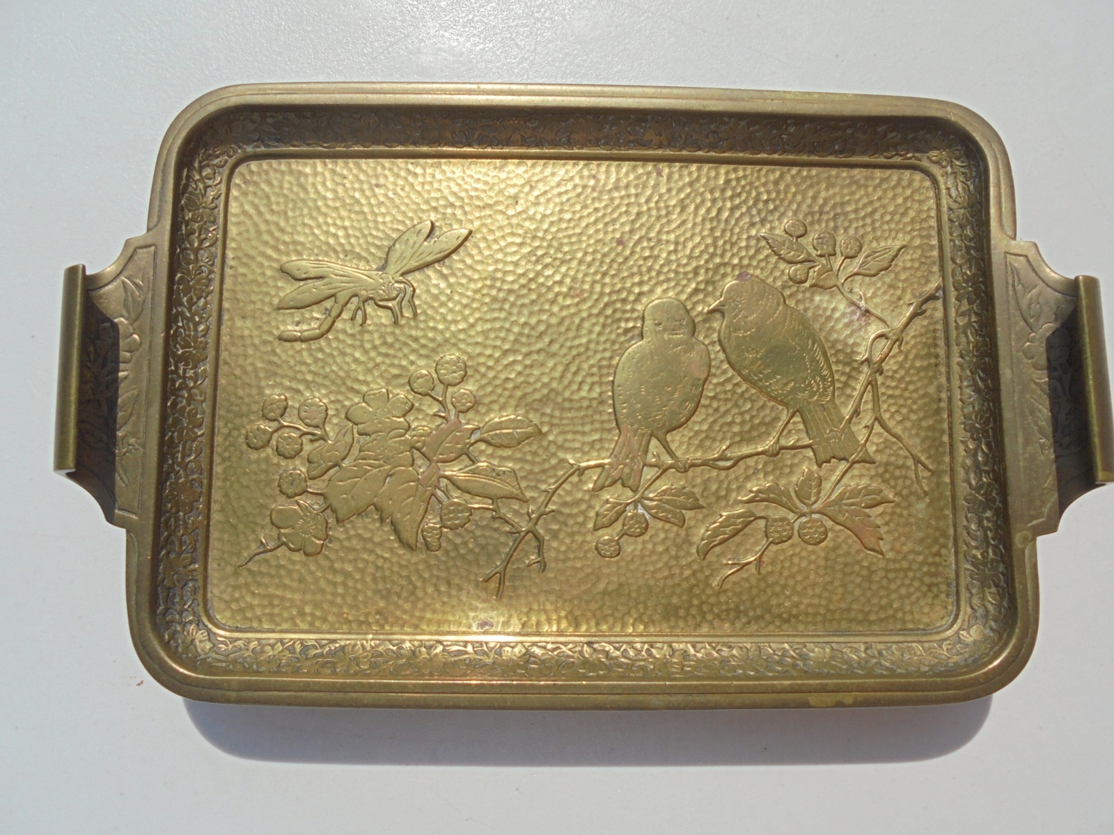 Antique Bronze 19th C Aesthetic Style Desk Tray w Birds Dragonfly Flowers 10"