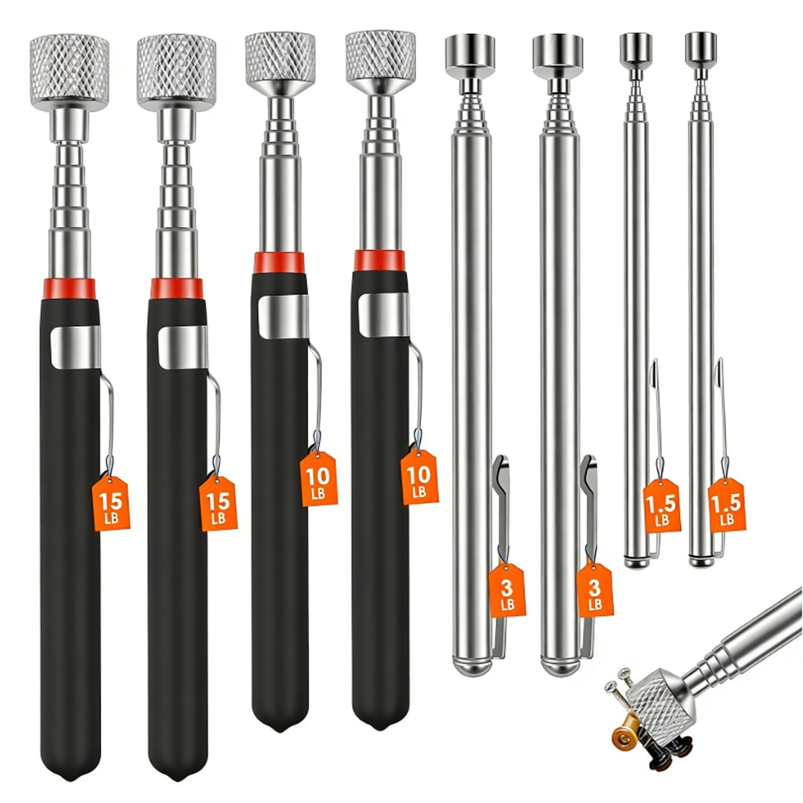 8Pcs Telescoping Magnetic Pickup Tool 1.5LB 3LB 10LB Large, Black& Silver