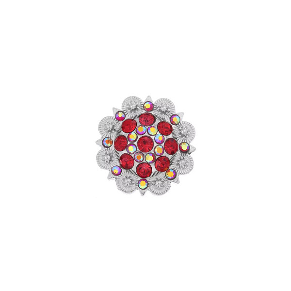 1 1/2" Flower Concho with Dark Red and Red Rhinestones and screw back.