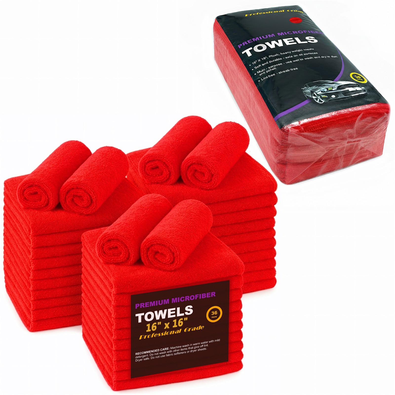 Microfiber Cleaning Cloths 36-Pack 16x16 inch Wash Towels 3 Dozen Car Rags Red