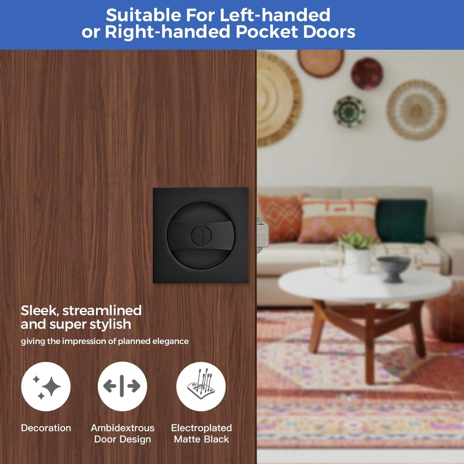 Matte Black Pocket Door Hardware with Privacy Lock & Latch - Contemporary Sty...