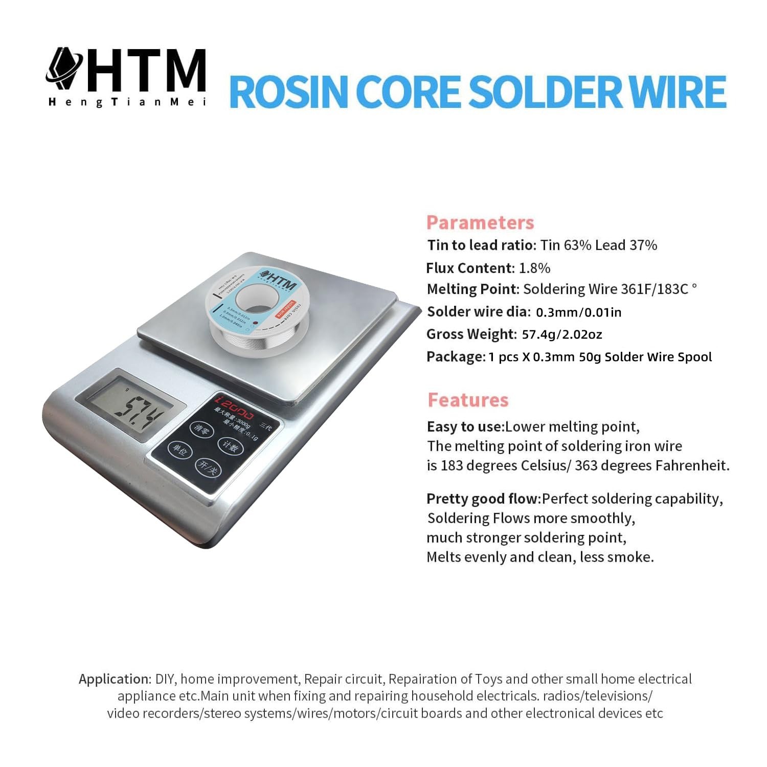 HengTianMei 63/37 Rosin Core Tin Lead Solder Wire For Electrical 0.3mm/50g