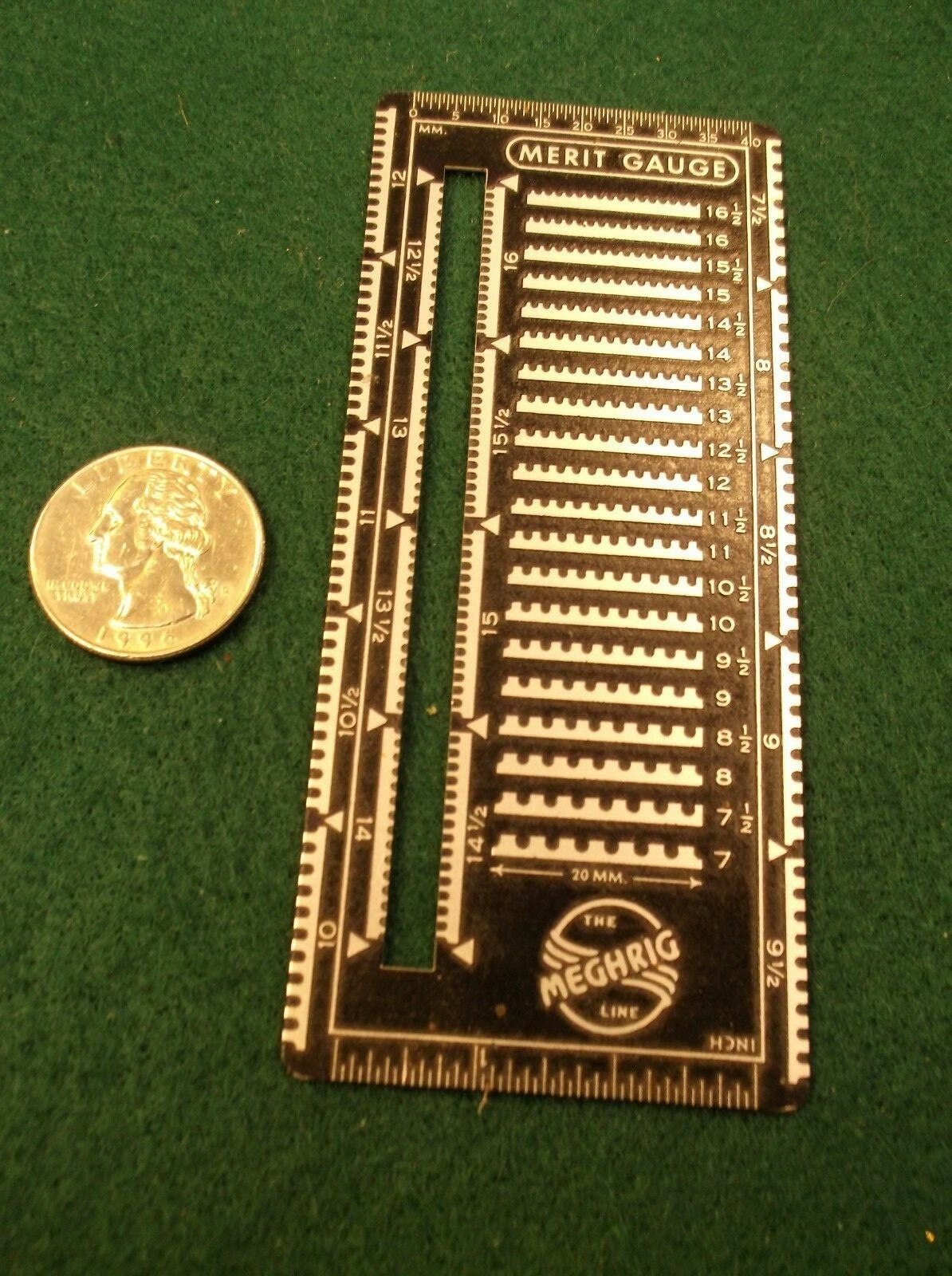 EXCELLENT OLDER VTG ALUMINUM RULE "THE MEGHRIG LINE, MERIT GAUGE" (PHILATELY)