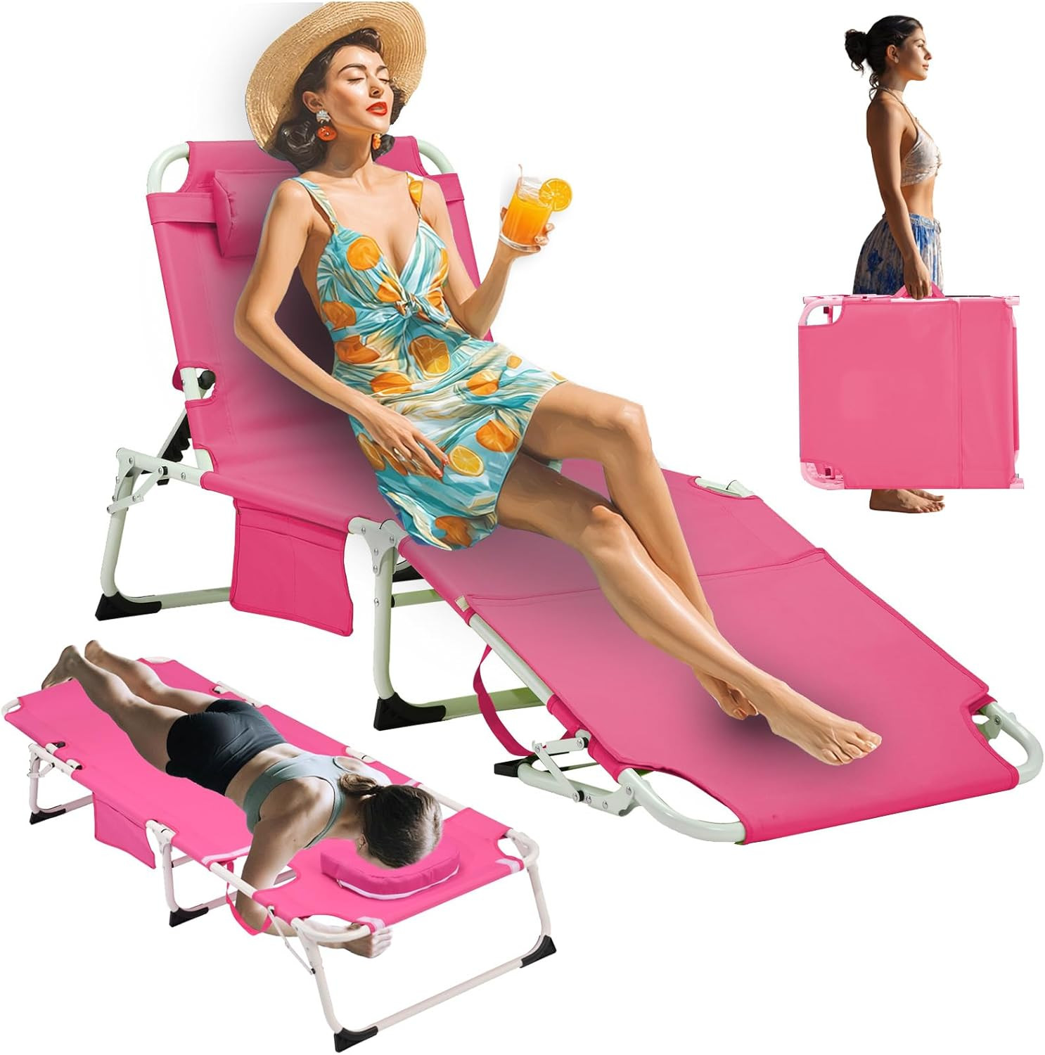 3-In-1 Heavy Duty Tanning Chair with Face Hole Adjustable 5-Position Folding Cha