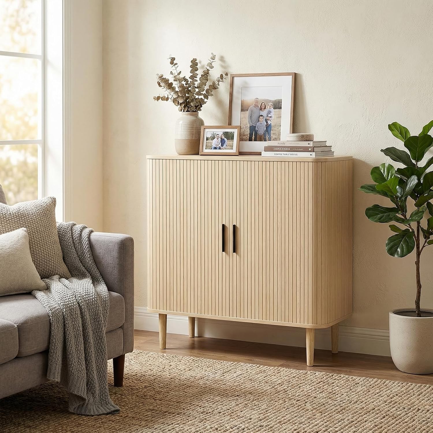 Fluted Buffet Cabinet Natural Small Modern Storage Sideboard W/ Sliding Fluted