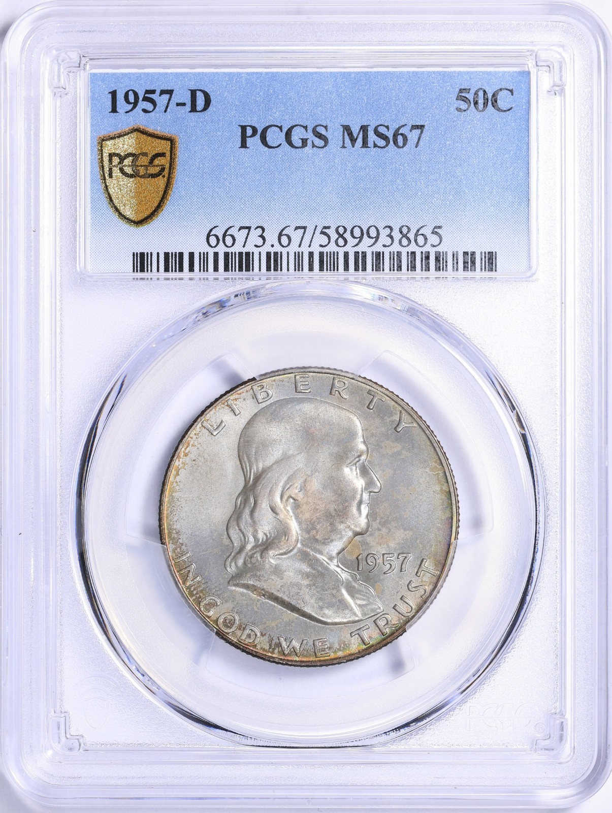 1957 D Franklin Half PCGS MS67 Gold Shield Secured Holder Plate Coin POP 20/1