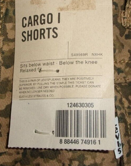 NEW LEVIS BROWN GREEN CAMO BELOW WAIST & KNEE RELAXED FIT CARGO SHORTS WAIST 32