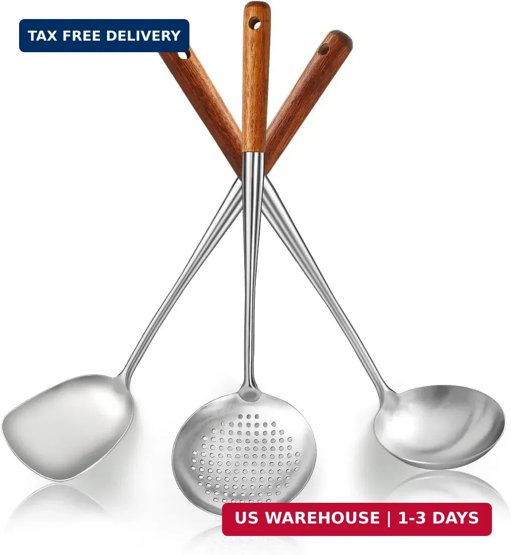 Evanda Wok Spatula Set 17", Heat Resistant Wood Handle Stainless Steel Wok Tools