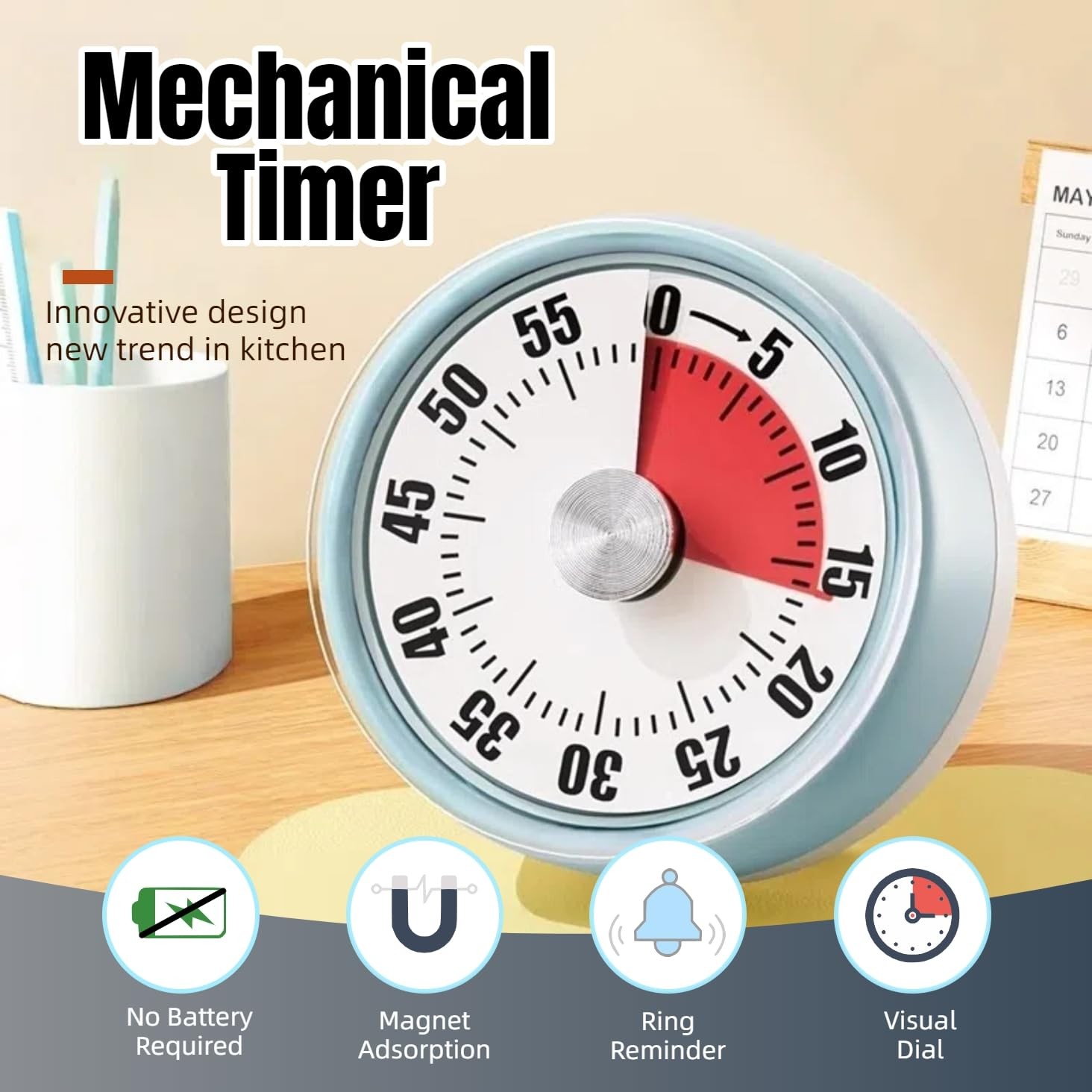 Kitchen Timer,Visual Timer,100% Mechanical Desk Timer,No Batteries Required,M...