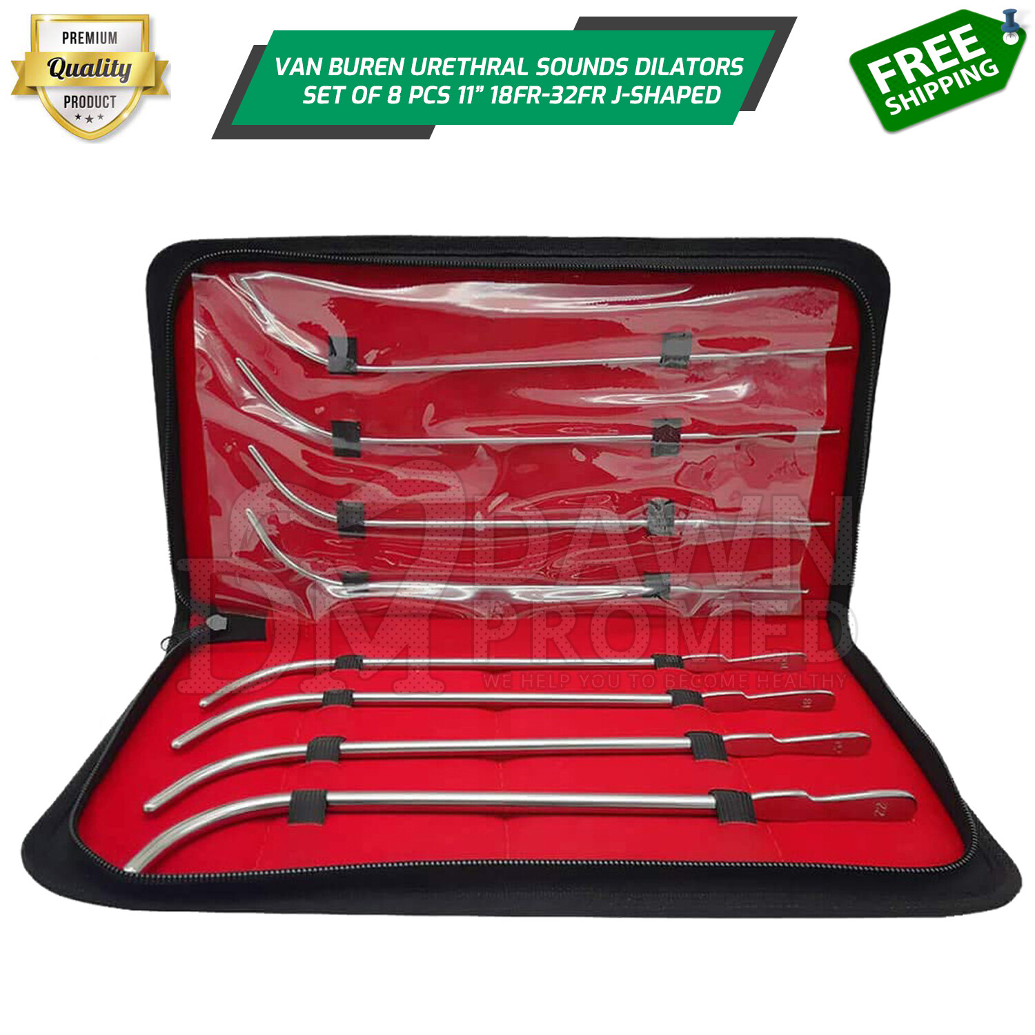 8 Pcs Van Buren Urethral Sounds Dilators Set 11″ 18FR-32FR J-Shaped Curved G.G