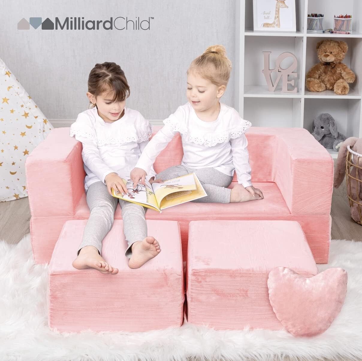 Charming Pink Kids Modular Sofa - Perfect Playroom Furniture with Bonus Pillow