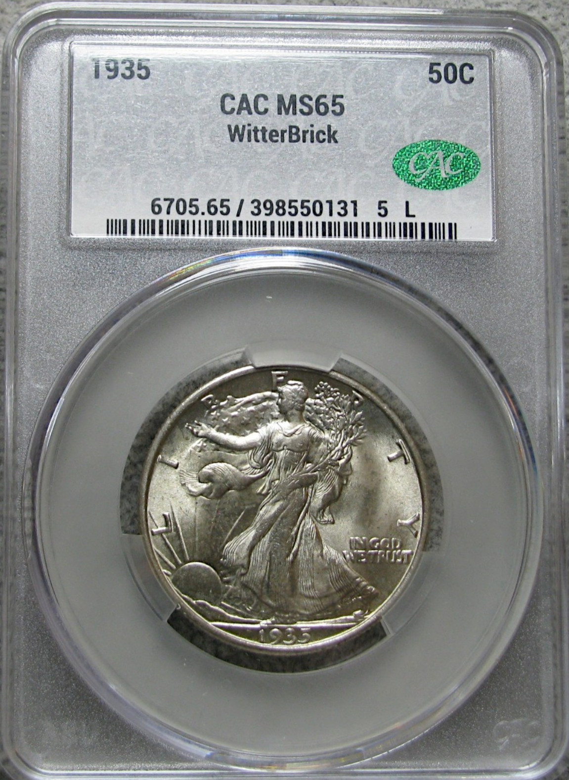 1935 Walking Liberty Half Dollar Witterbrick Signed CAC Graded MS-65 Coin  #854C