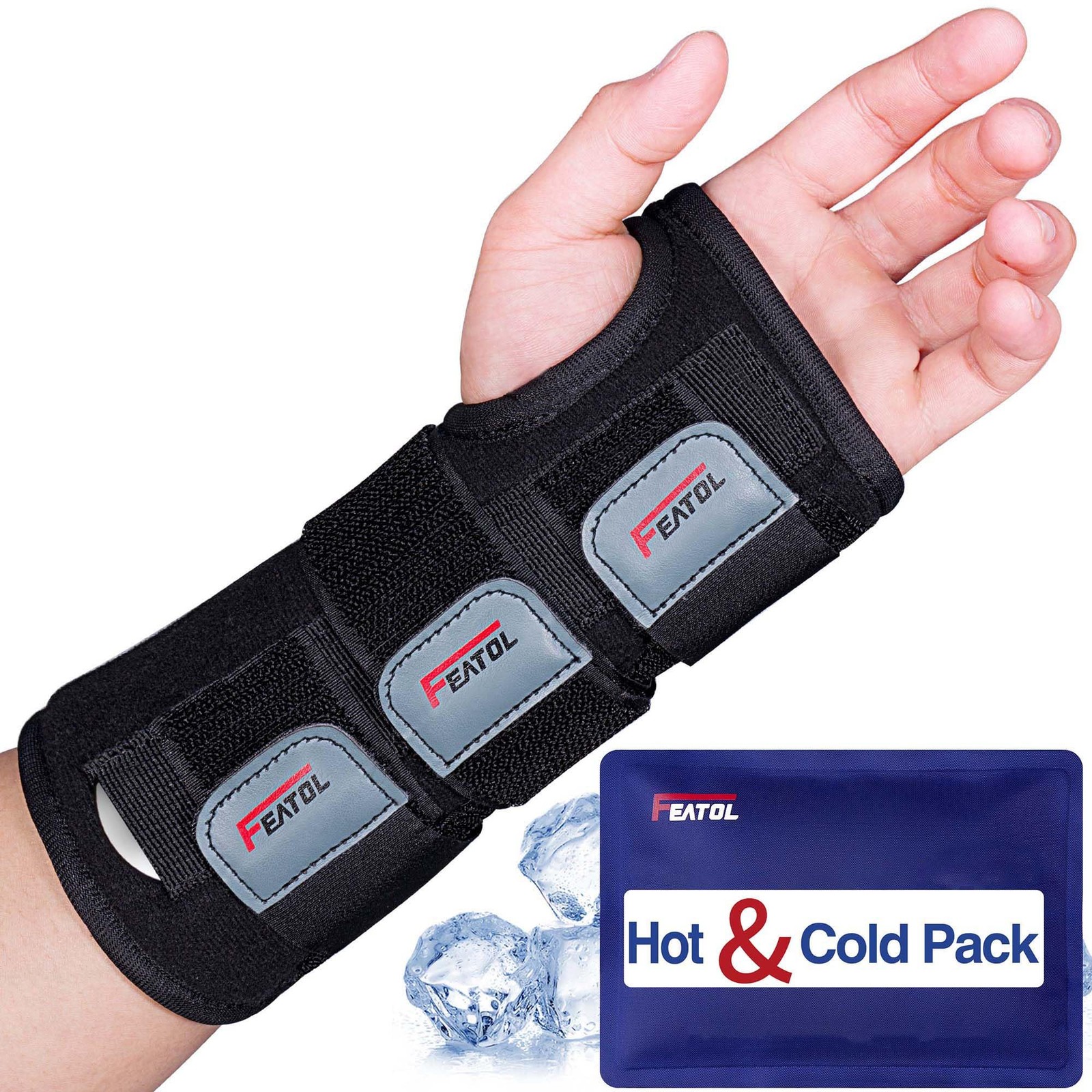 FEATOL Wrist Brace Carpal Small/Medium (Pack of 1), Left Hand-Gel Pack-Black